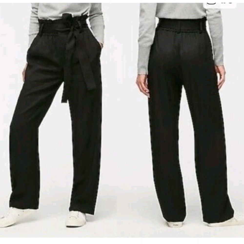 J Crew 10 Tall Pants Black Wide Leg High Rise Paper bag Tie Waist Lagenlook